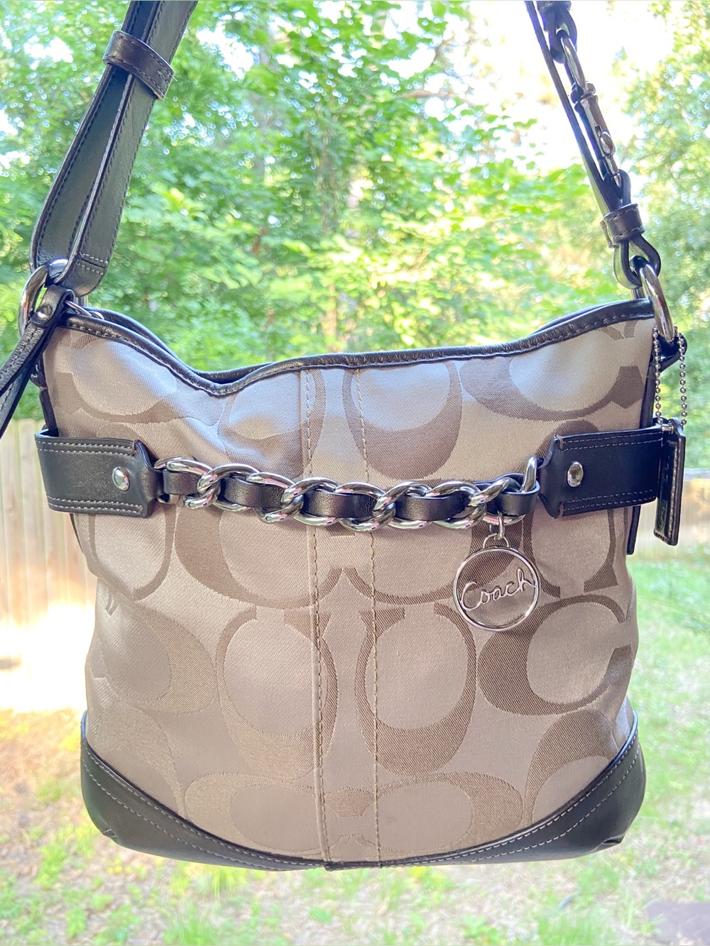 Coach Signatures Optic Chain Bag Metallic Bronze Jacquard Lining Quiet Luxury
